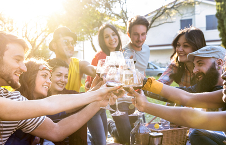 Friends group toasting red wine and having fun outdoor cheering at bbq picnic - Young people enjoying summer together at garden party outside - Youth friendship concept with focus on clinking glasses